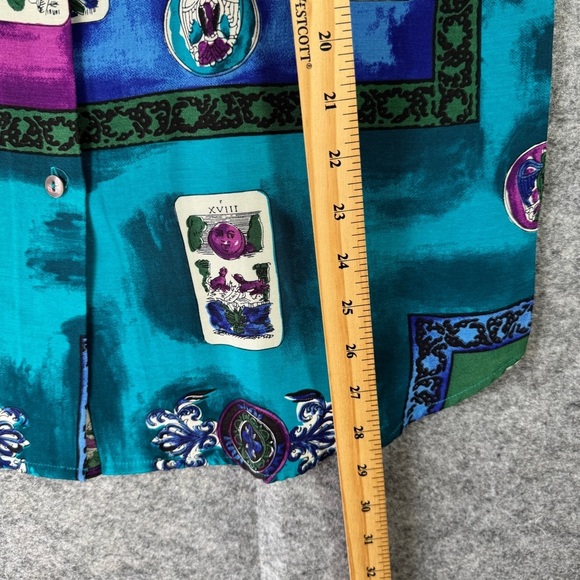COMO Studio Vintage Artsy Hippie Tarot Print Shirt Teal Purple Rayon Size 6 - Picture 11 of 16